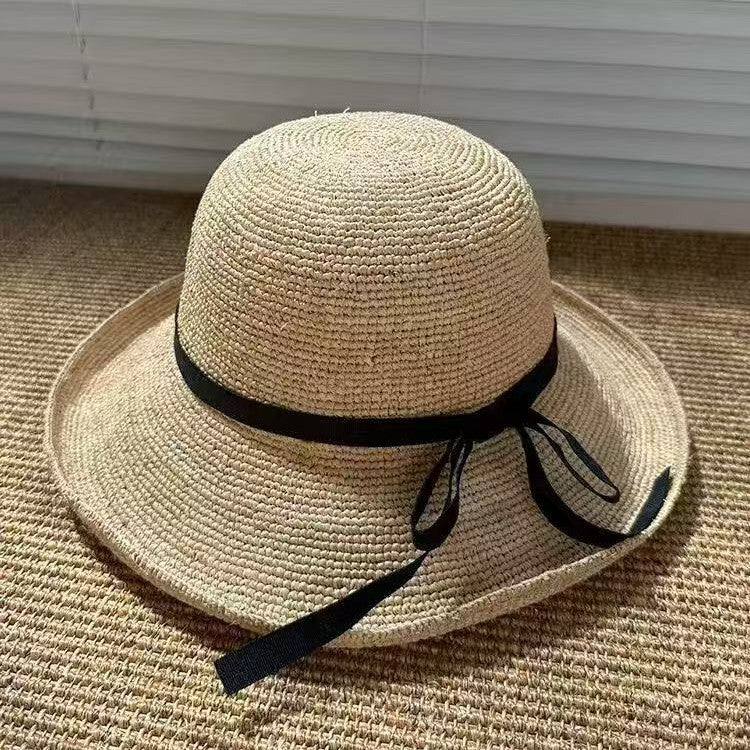 Handwoven Raffia Straw Wide-Brim Hat with Bow Detail