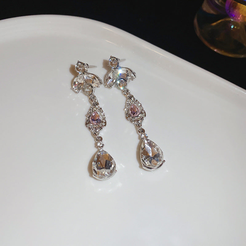 Diamond-Set Flower Drop Tassel Earrings with Silver Needle