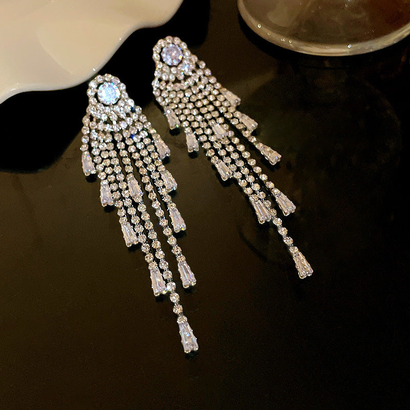 Diamond-Set Flower Drop Tassel Earrings with Silver Needle