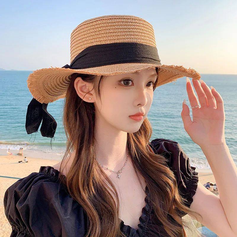Korean-Inspired Wide-Brim Straw Hat with Bow Detail