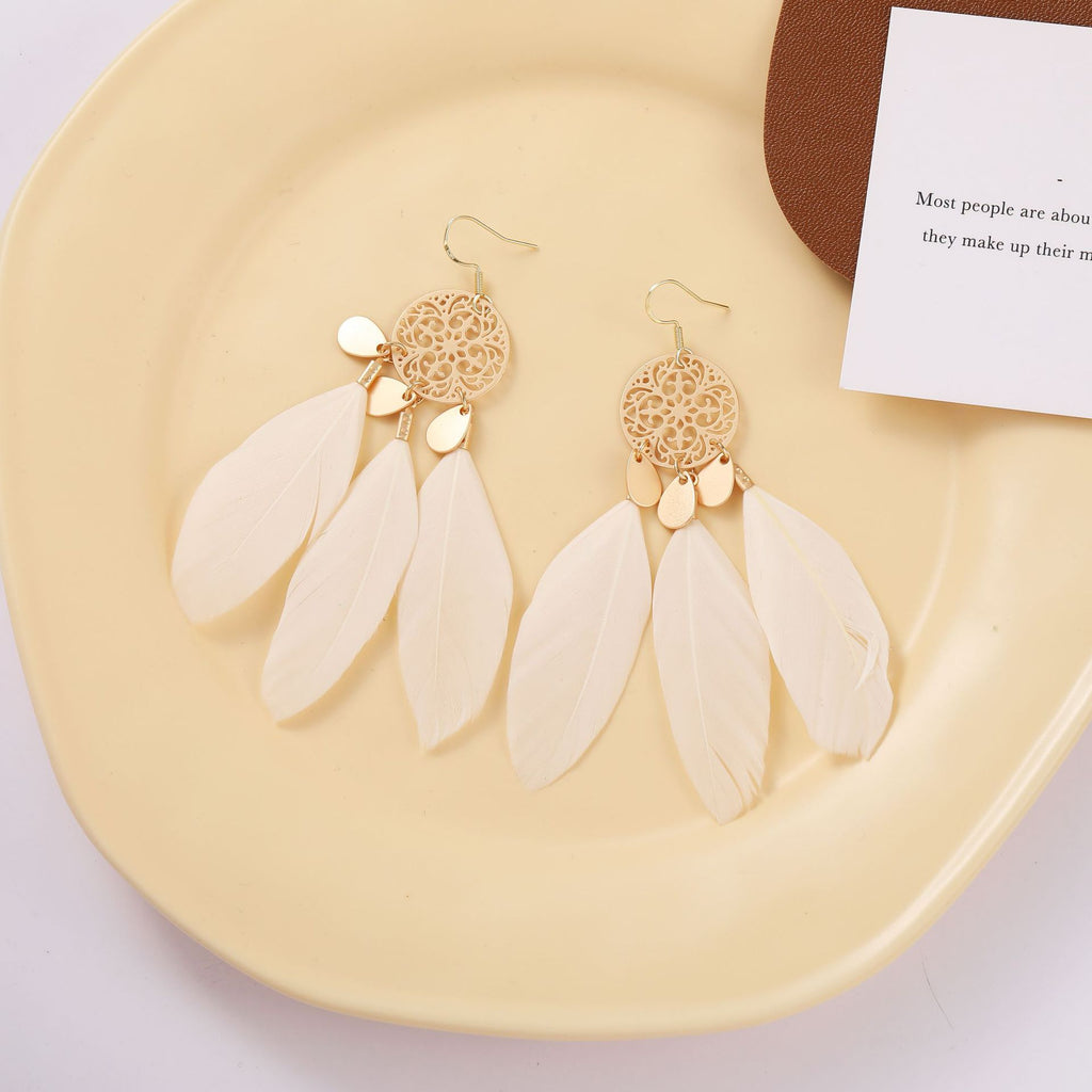Tassel Feather Earrings with Hollow Flower Detail and Copper Finish