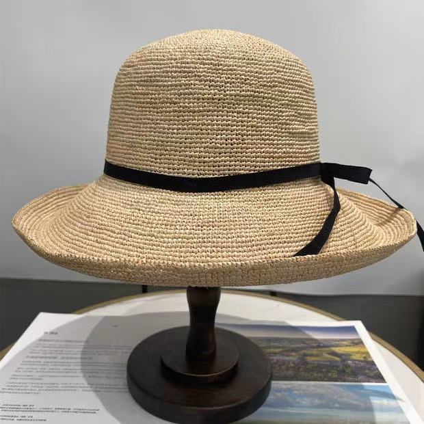 Handwoven Raffia Straw Wide-Brim Hat with Bow Detail