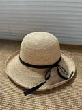 Handwoven Raffia Straw Wide-Brim Hat with Bow Detail