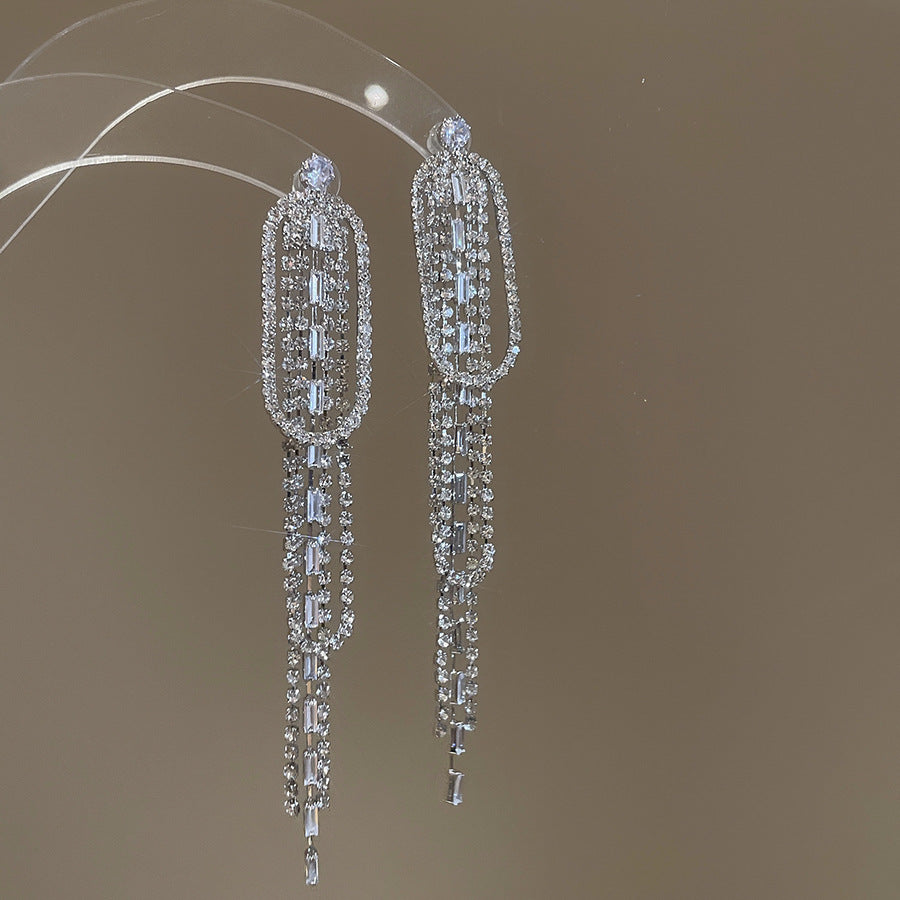 Diamond-Set Flower Drop Tassel Earrings with Silver Needle