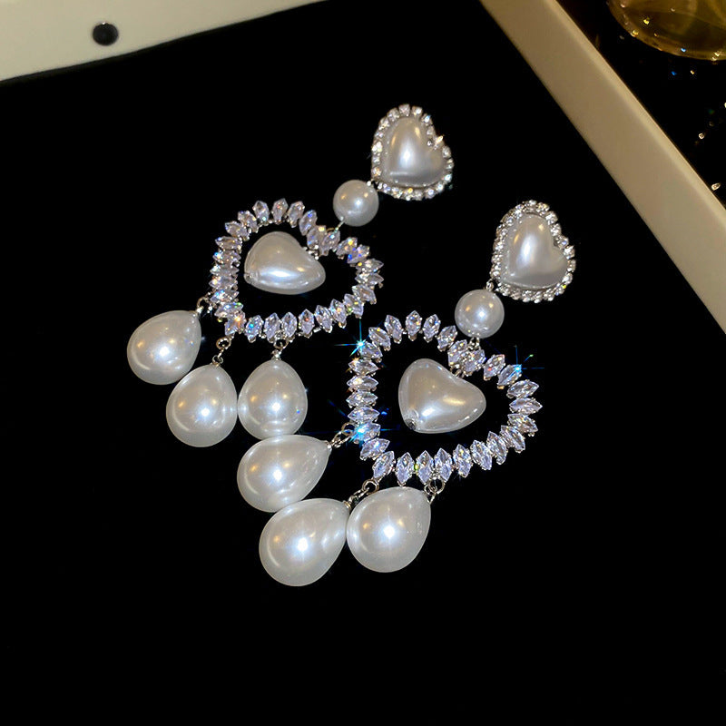 Diamond-Set Flower Drop Tassel Earrings with Silver Needle