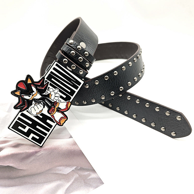 Sonic Motif Patent Leather Belt with Rivet Buckle Design