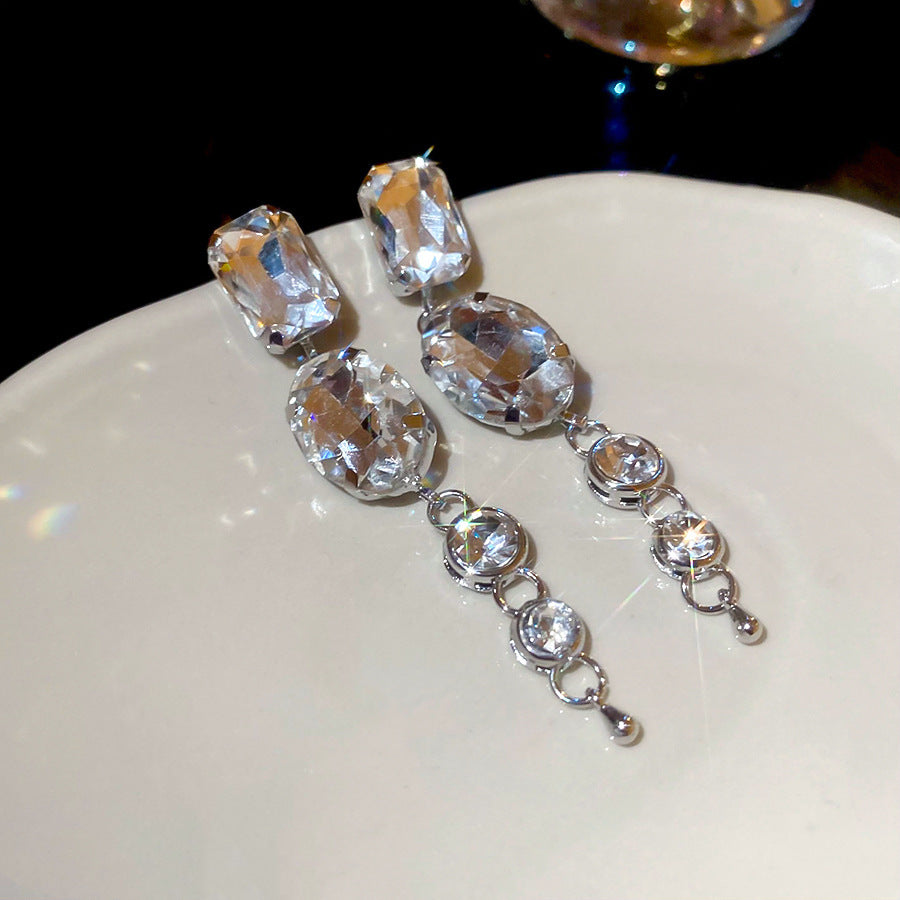 Diamond-Set Flower Drop Tassel Earrings with Silver Needle