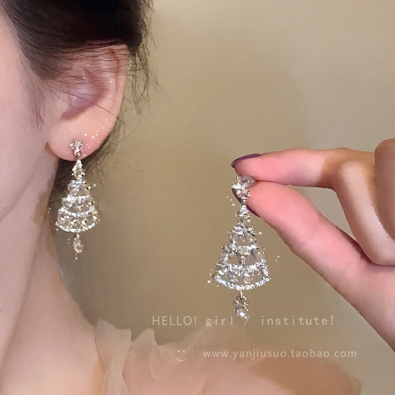 Zircon Tassel Christmas Tree Earrings with Silver Electroplated Finish