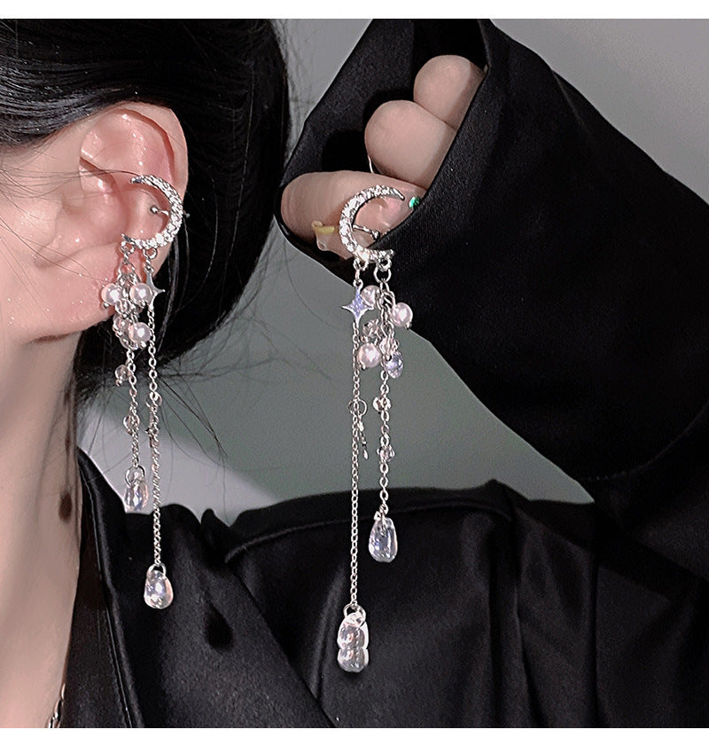 Diamond-Set Flower Drop Tassel Earrings with Silver Needle