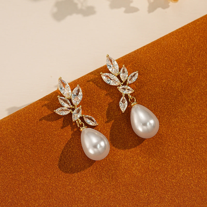 Leaf Pearl and Zircon Earrings with Stainless Steel Ear Posts
