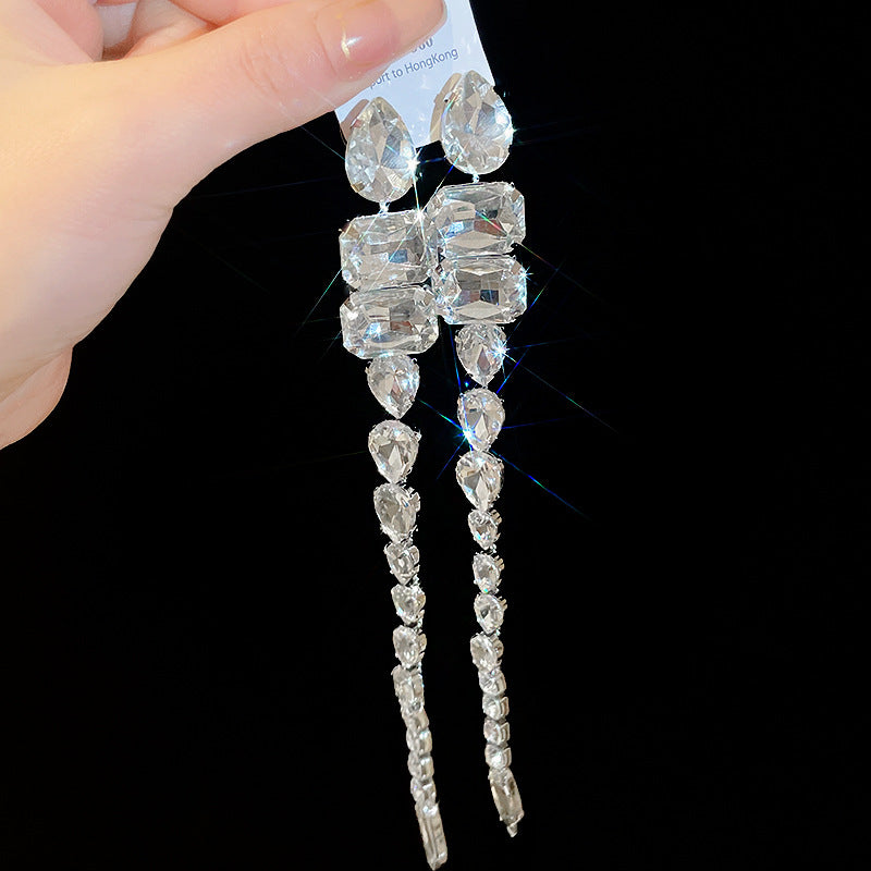 Diamond-Set Flower Drop Tassel Earrings with Silver Needle