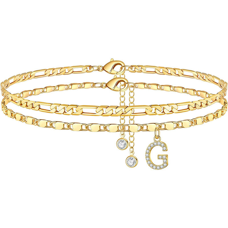 Zircon Letter Double-Layer Anklet with Beaded Chain and Lobster Clasp