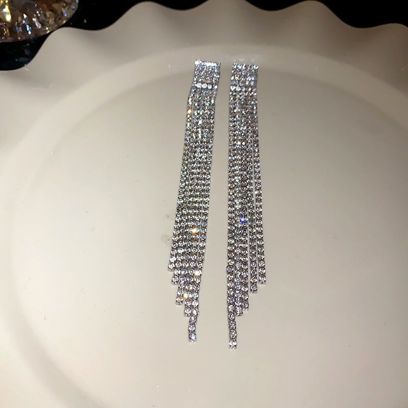 Diamond-Set Flower Drop Tassel Earrings with Silver Needle