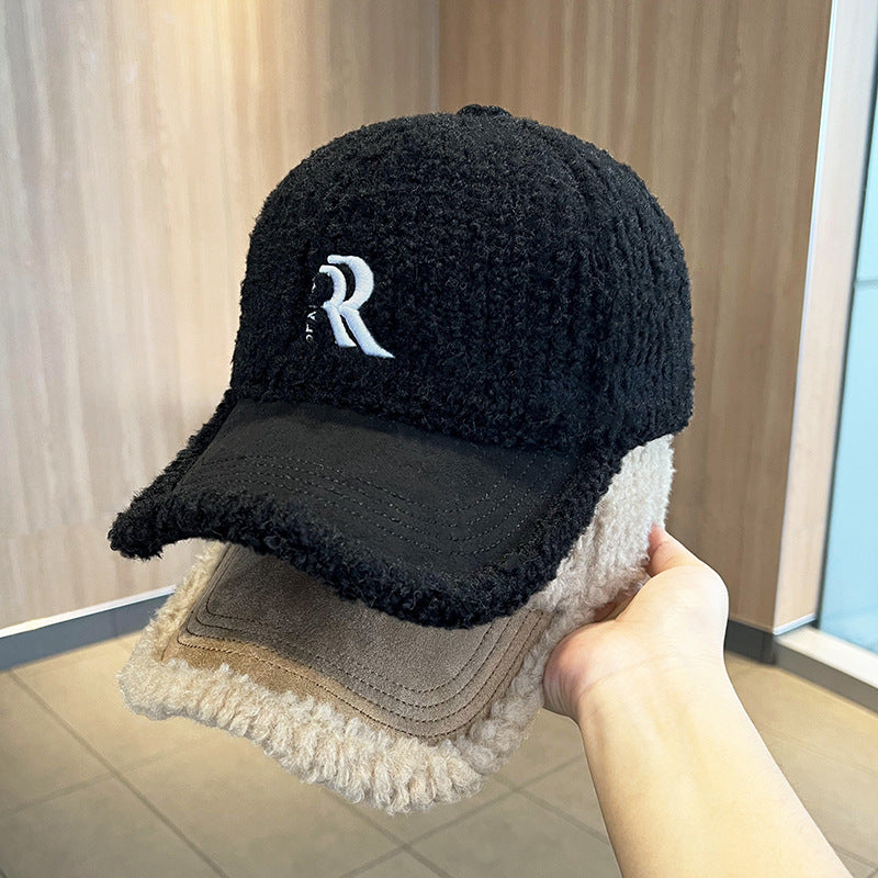 Lambswool Embroidered Winter Baseball Cap with Curved Brim