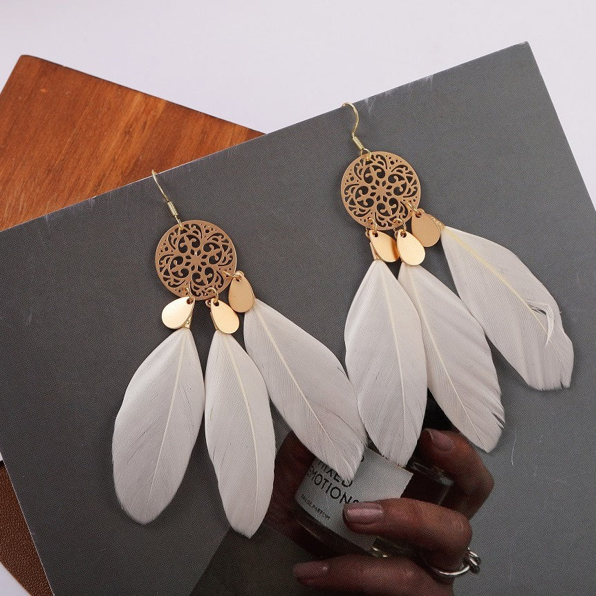 Tassel Feather Earrings with Hollow Flower Detail and Copper Finish