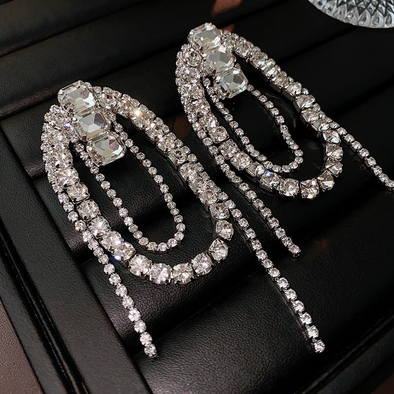 Diamond-Set Flower Drop Tassel Earrings with Silver Needle