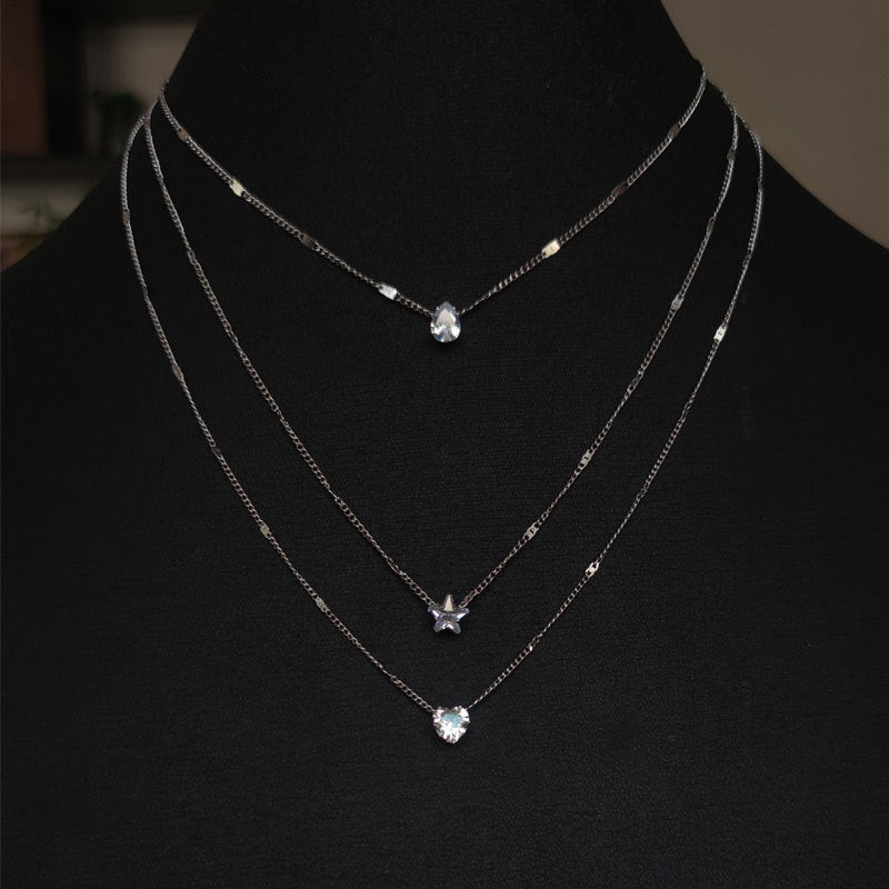 Triple-Layer Pendant Necklace with Zircon Accents and Extension Chain