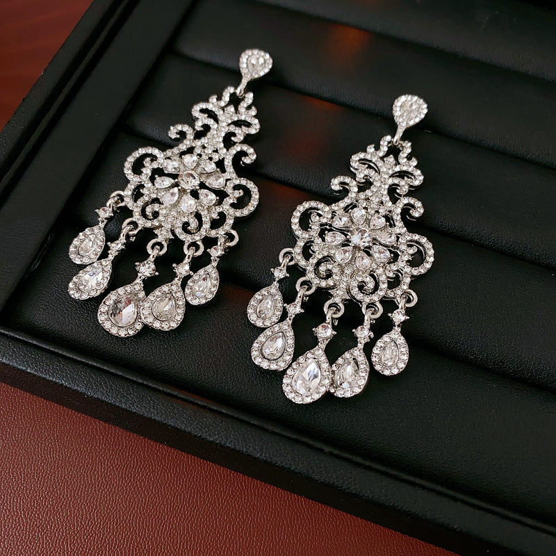 Diamond-Set Flower Drop Tassel Earrings with Silver Needle