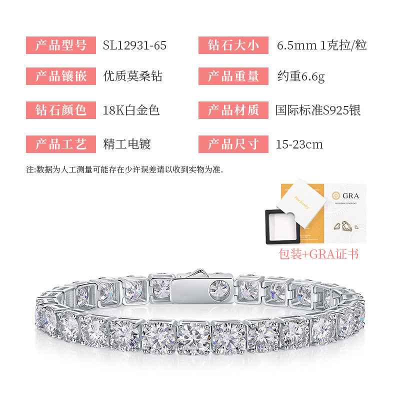 S925 Sterling Silver Moissanite Tennis Bracelet with Safety Clasp