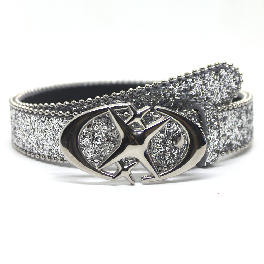 Double Star Sequin Accent PU Leather Belt with Alloy Buckle