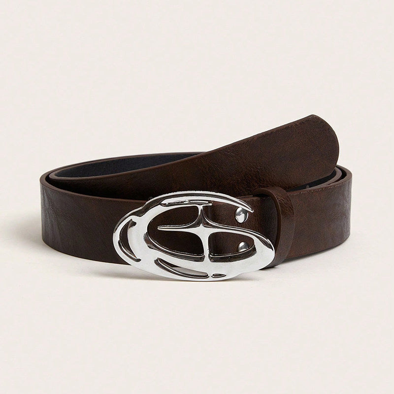 Vintage Cross Motif PU Leather Belt with Round Alloy Buckle