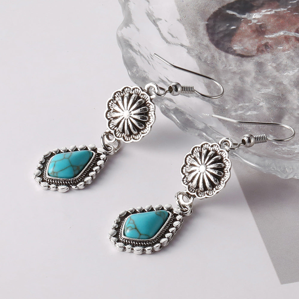 Vintage Turquoise Carved Long Earrings with Geometric Detail