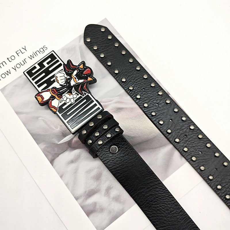 Sonic Motif Patent Leather Belt with Rivet Buckle Design