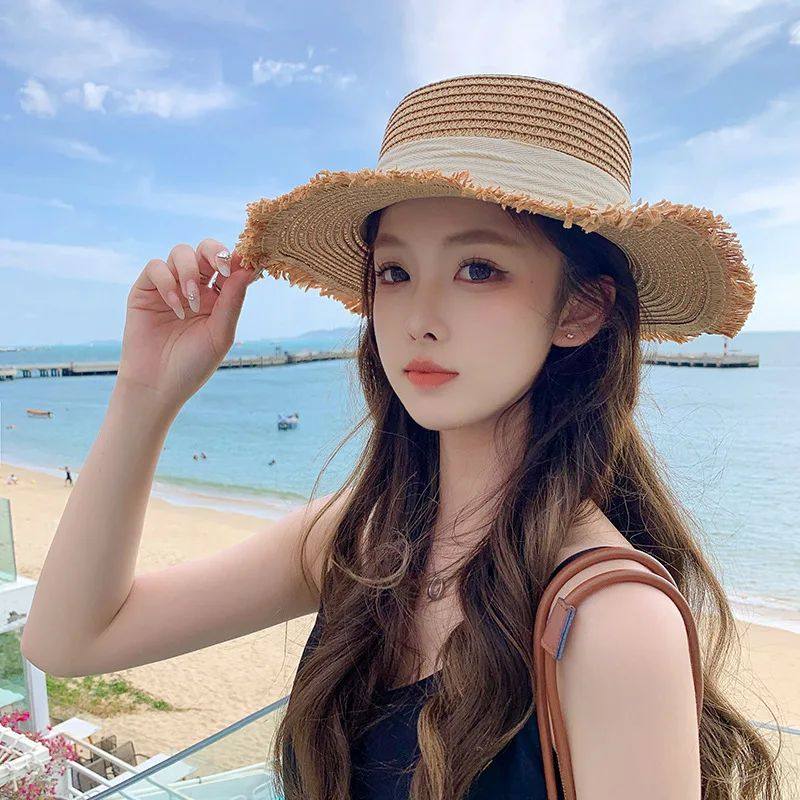 Korean-Inspired Wide-Brim Straw Hat with Bow Detail