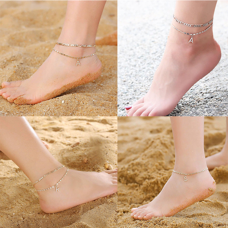 Zircon Letter Double-Layer Anklet with Beaded Chain and Lobster Clasp