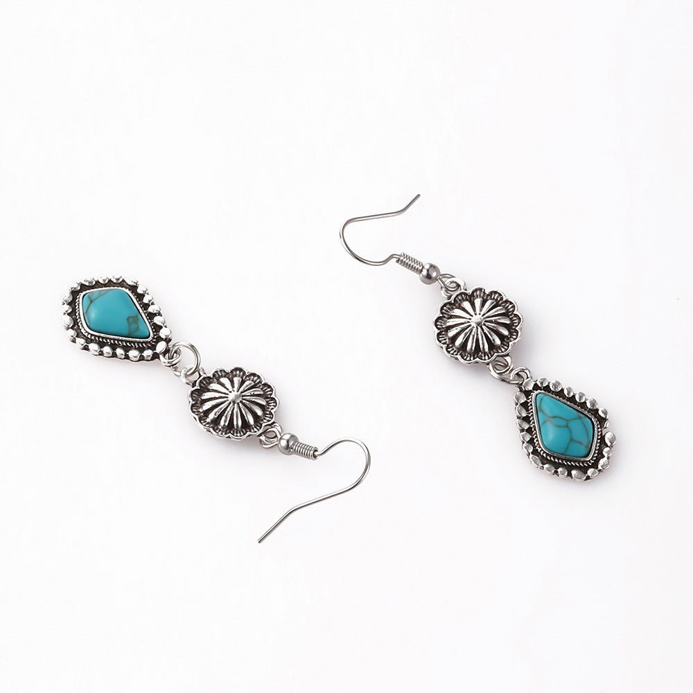 Vintage Turquoise Carved Long Earrings with Geometric Detail
