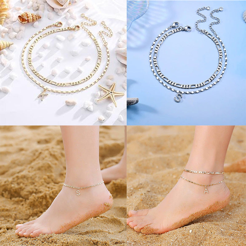 Zircon Letter Double-Layer Anklet with Beaded Chain and Lobster Clasp