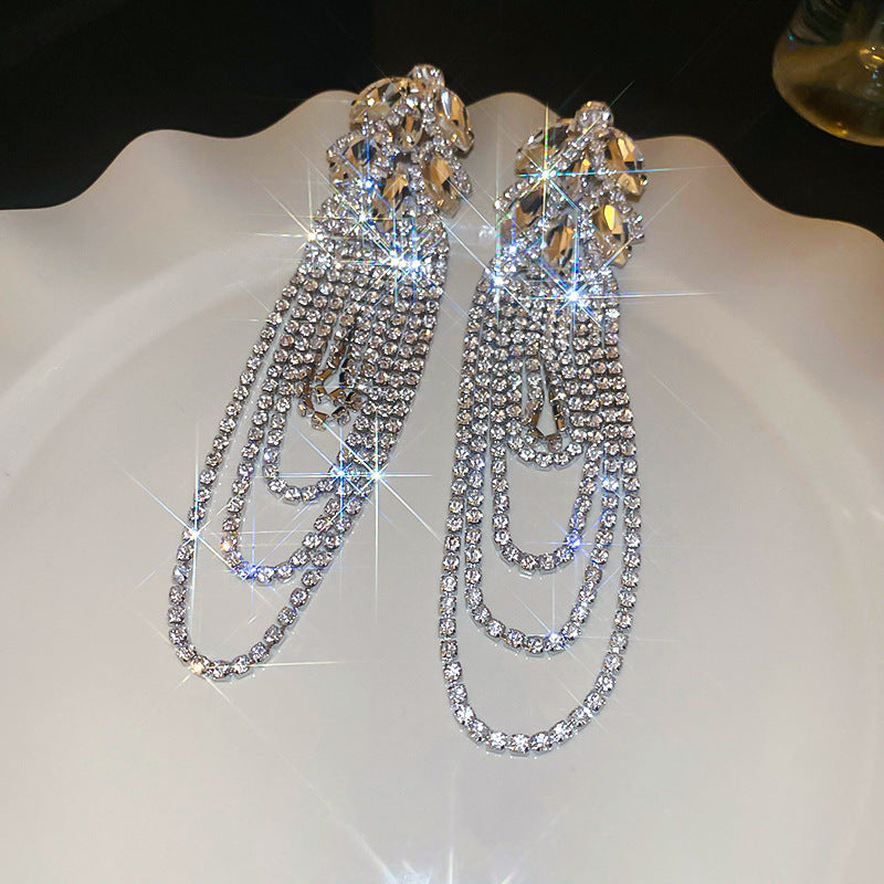 Diamond-Set Flower Drop Tassel Earrings with Silver Needle