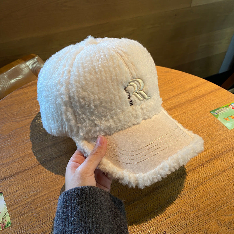 Lambswool Embroidered Winter Baseball Cap with Curved Brim