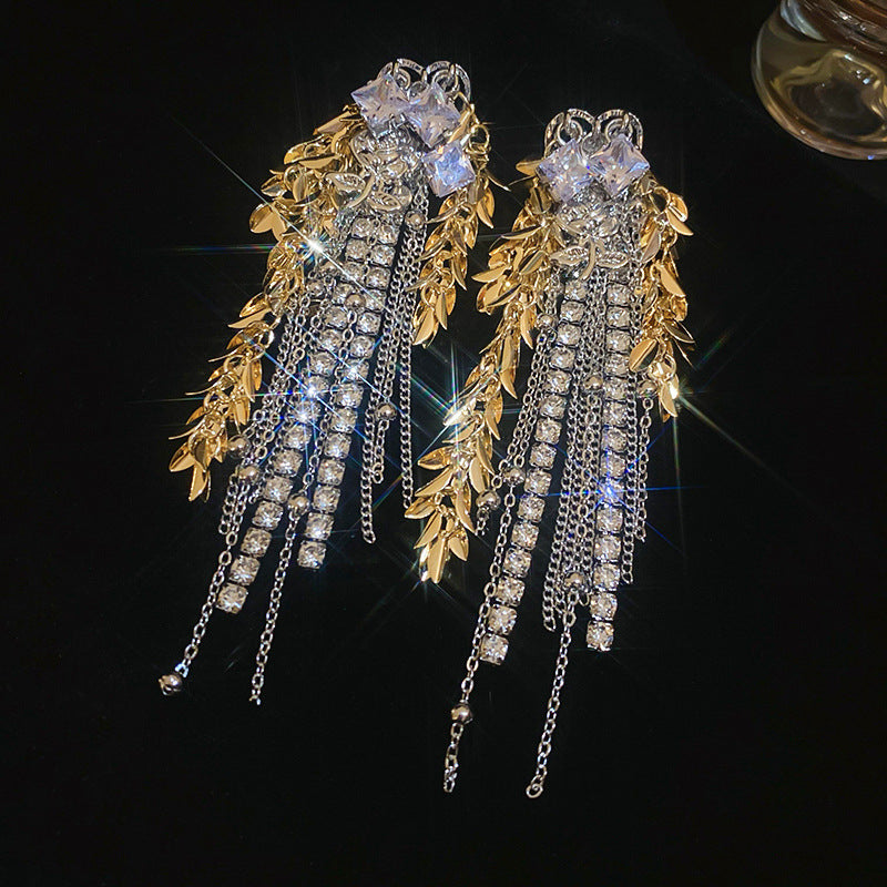 Diamond-Set Flower Drop Tassel Earrings with Silver Needle
