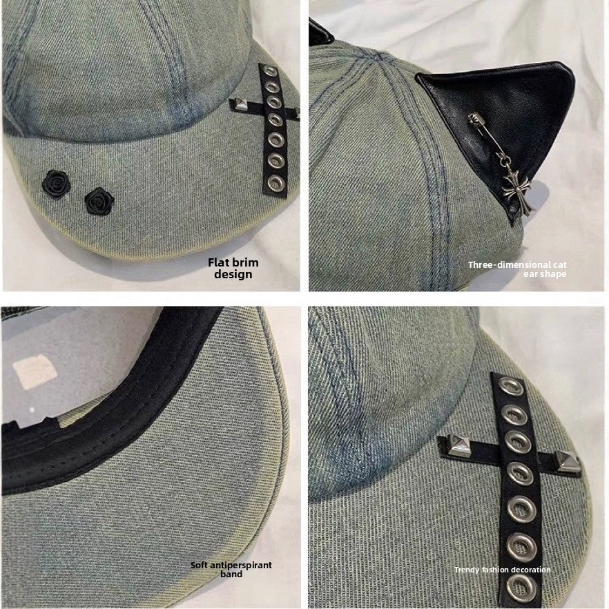 Y2K Retro Washed Denim Baseball Cap with Cat Ear Detail