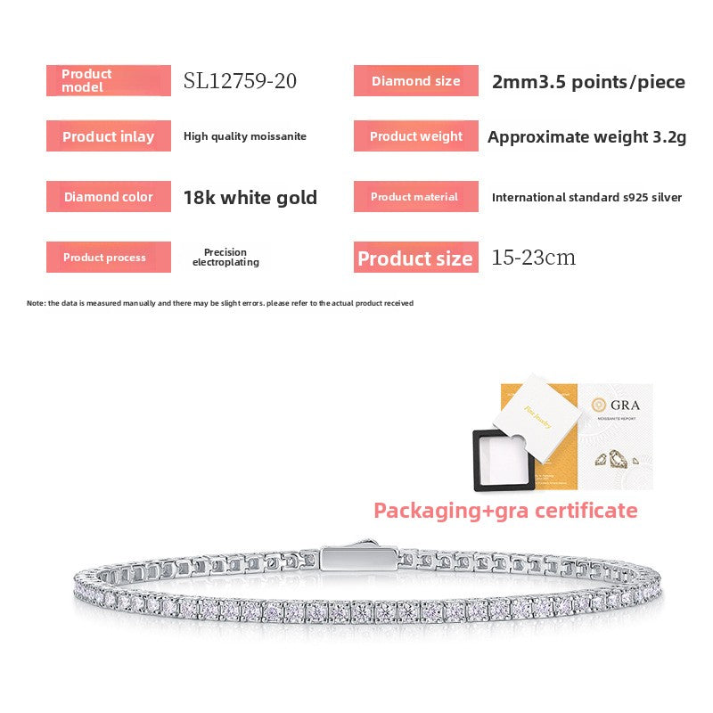 S925 Sterling Silver Moissanite Tennis Bracelet with Safety Clasp