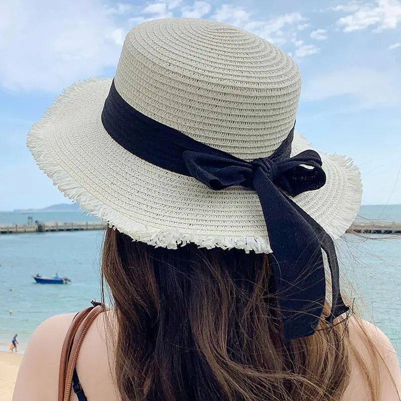 Korean-Inspired Wide-Brim Straw Hat with Bow Detail