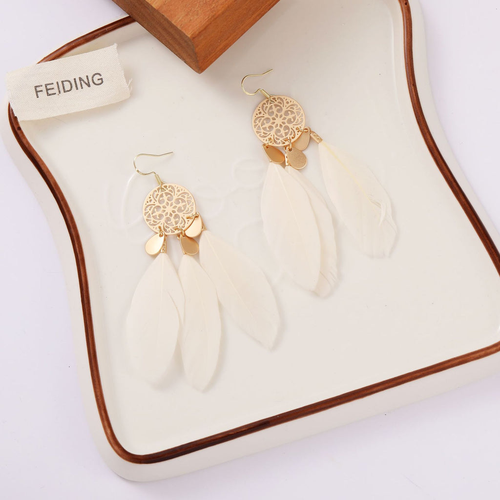Tassel Feather Earrings with Hollow Flower Detail and Copper Finish