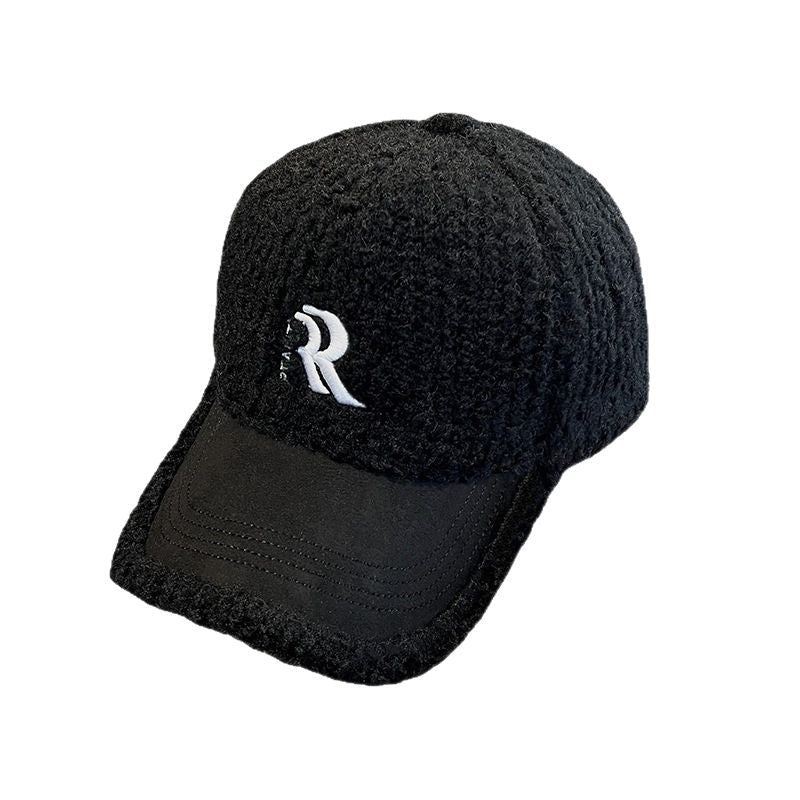 Lambswool Embroidered Winter Baseball Cap with Curved Brim