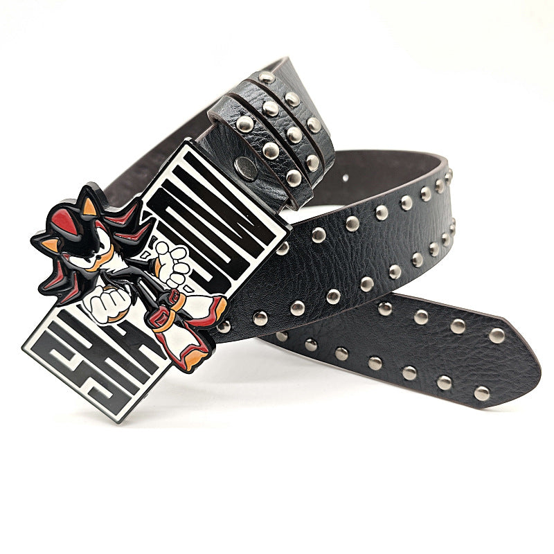 Sonic Motif Patent Leather Belt with Rivet Buckle Design