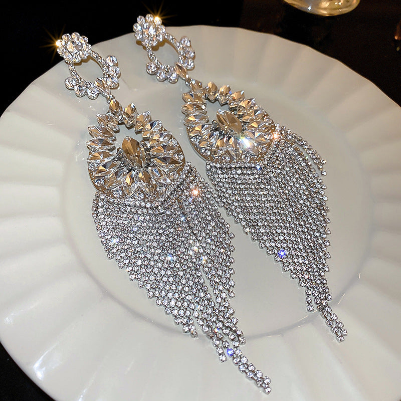 Diamond-Set Flower Drop Tassel Earrings with Silver Needle