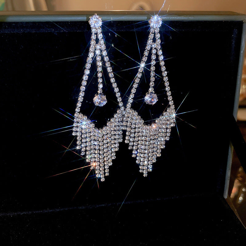 Diamond-Set Flower Drop Tassel Earrings with Silver Needle