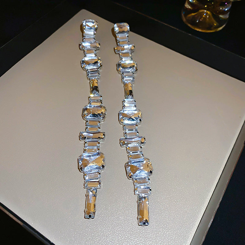 Diamond-Set Flower Drop Tassel Earrings with Silver Needle