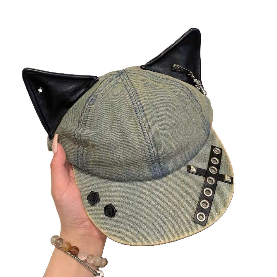Y2K Retro Washed Denim Baseball Cap with Cat Ear Detail