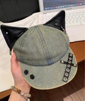 Y2K Retro Washed Denim Baseball Cap with Cat Ear Detail
