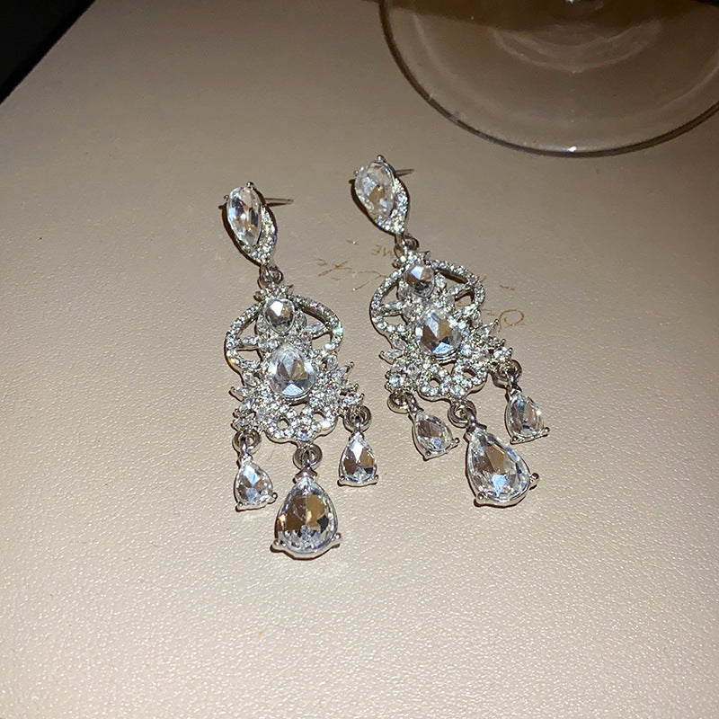 Diamond-Set Flower Drop Tassel Earrings with Silver Needle