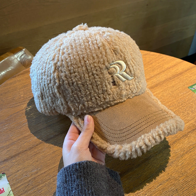 Lambswool Embroidered Winter Baseball Cap with Curved Brim