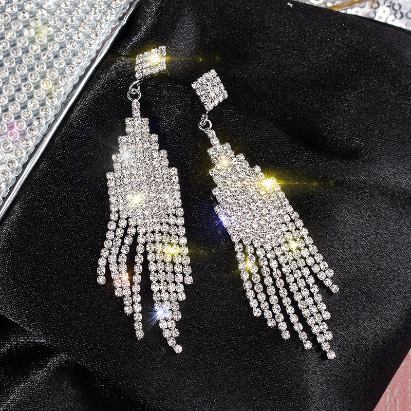 Diamond-Set Flower Drop Tassel Earrings with Silver Needle