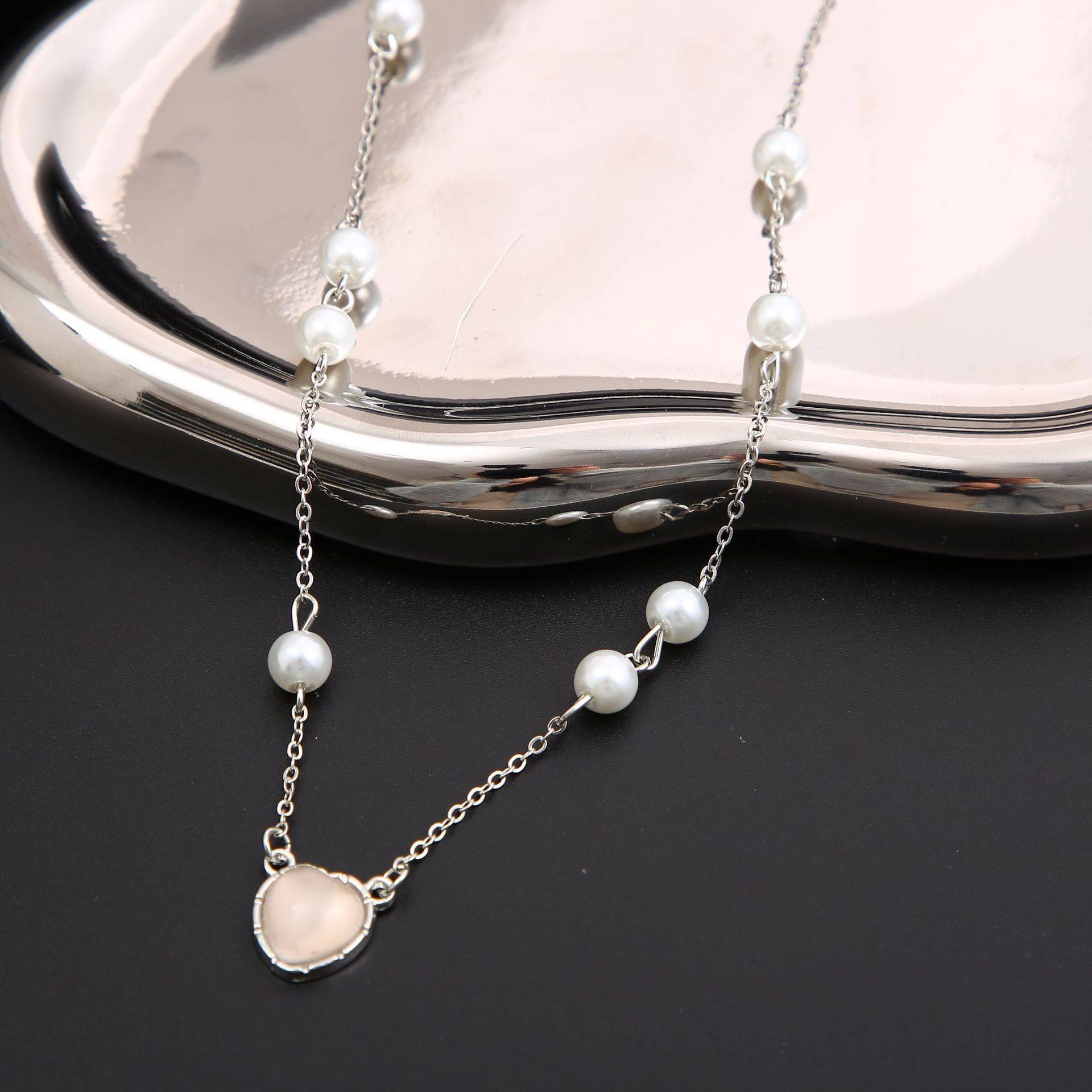Pearl Heart Pendant Water Wave Chain Necklace with Adjustable Fit