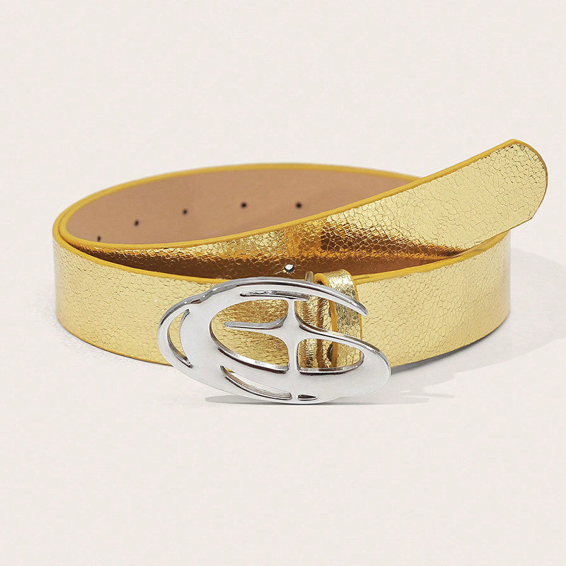 Vintage Cross Motif PU Leather Belt with Round Alloy Buckle